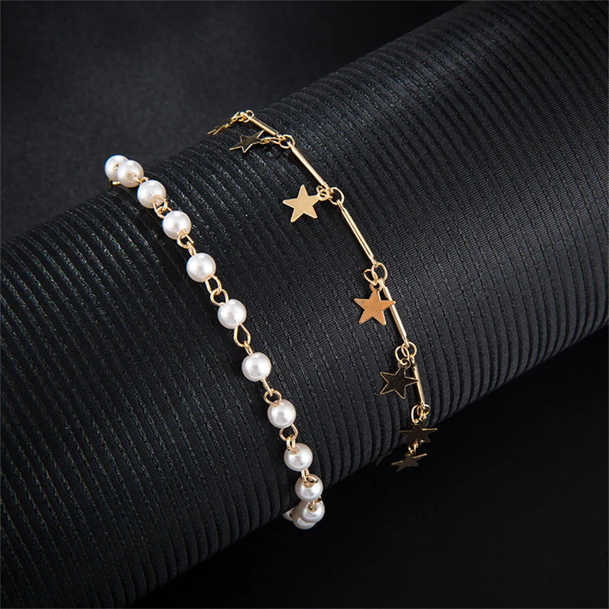 Pearl & 18K Gold-Plated Star-Charm Station Anklet Set