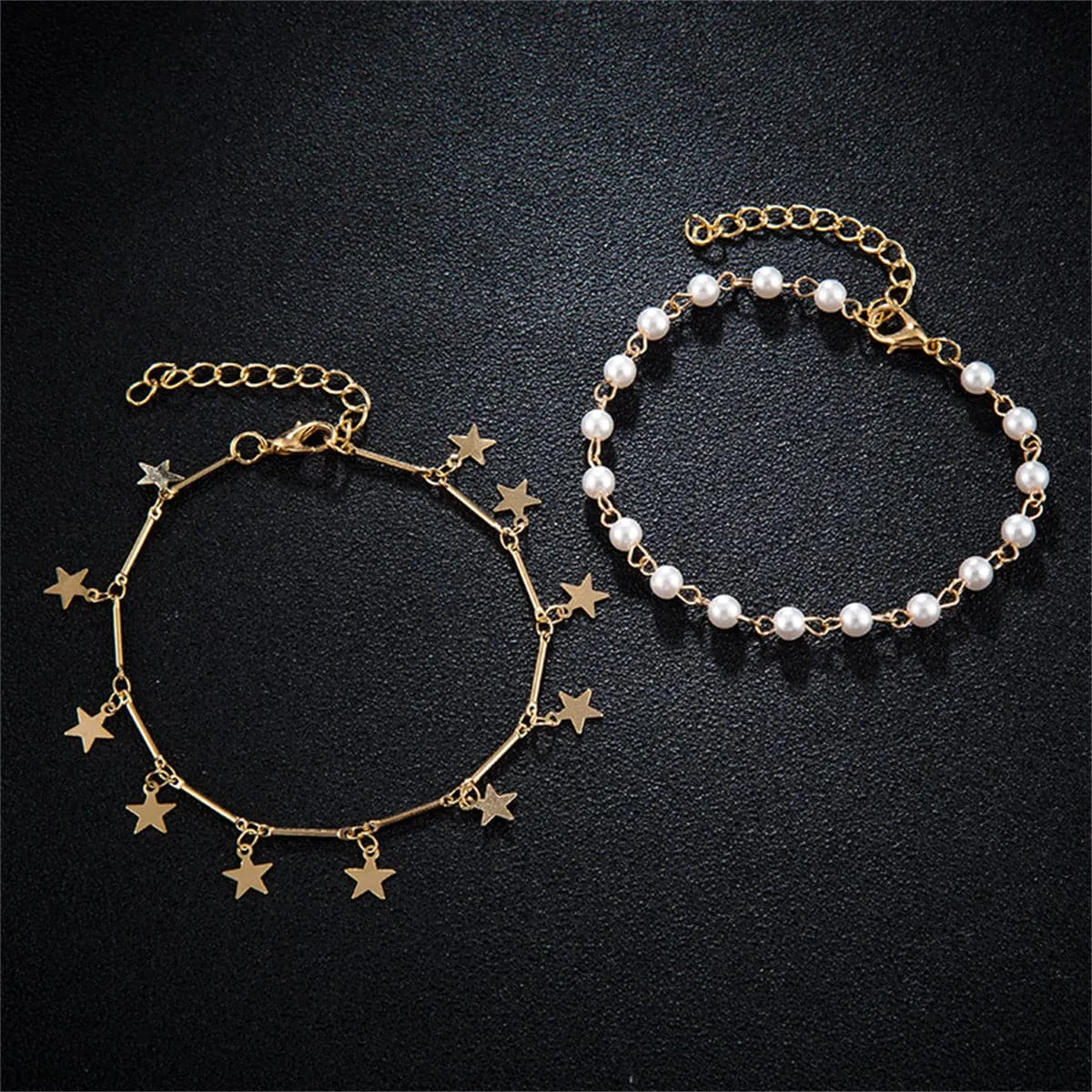 Pearl & 18K Gold-Plated Star-Charm Station Anklet Set