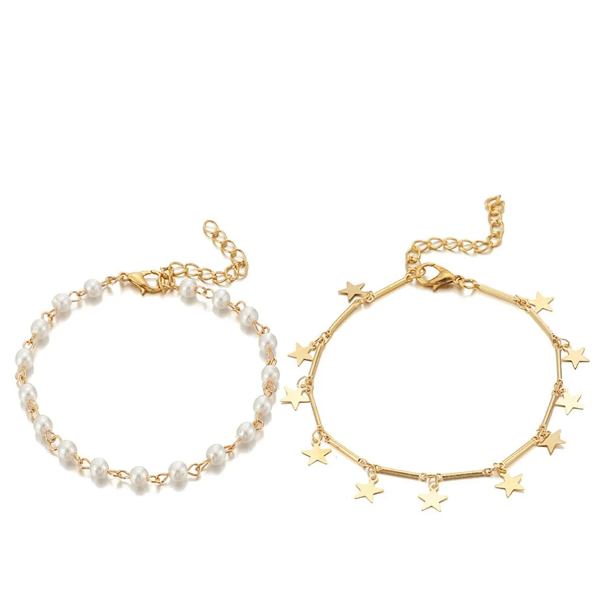 Pearl & 18K Gold-Plated Star-Charm Station Anklet Set