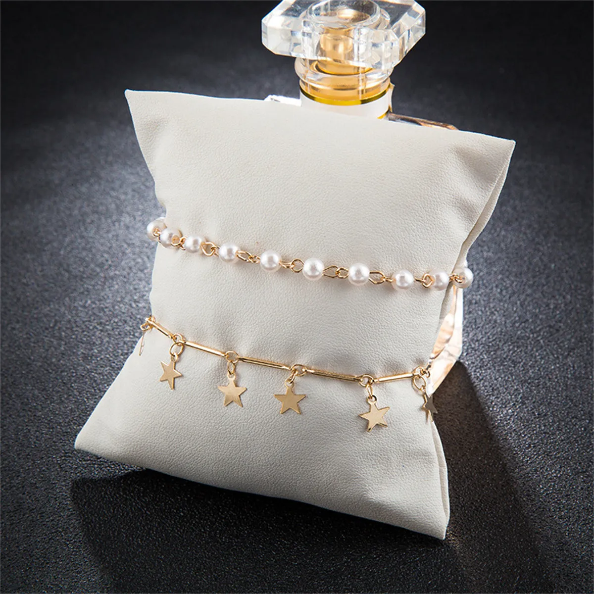 Pearl & 18K Gold-Plated Star-Charm Station Anklet Set