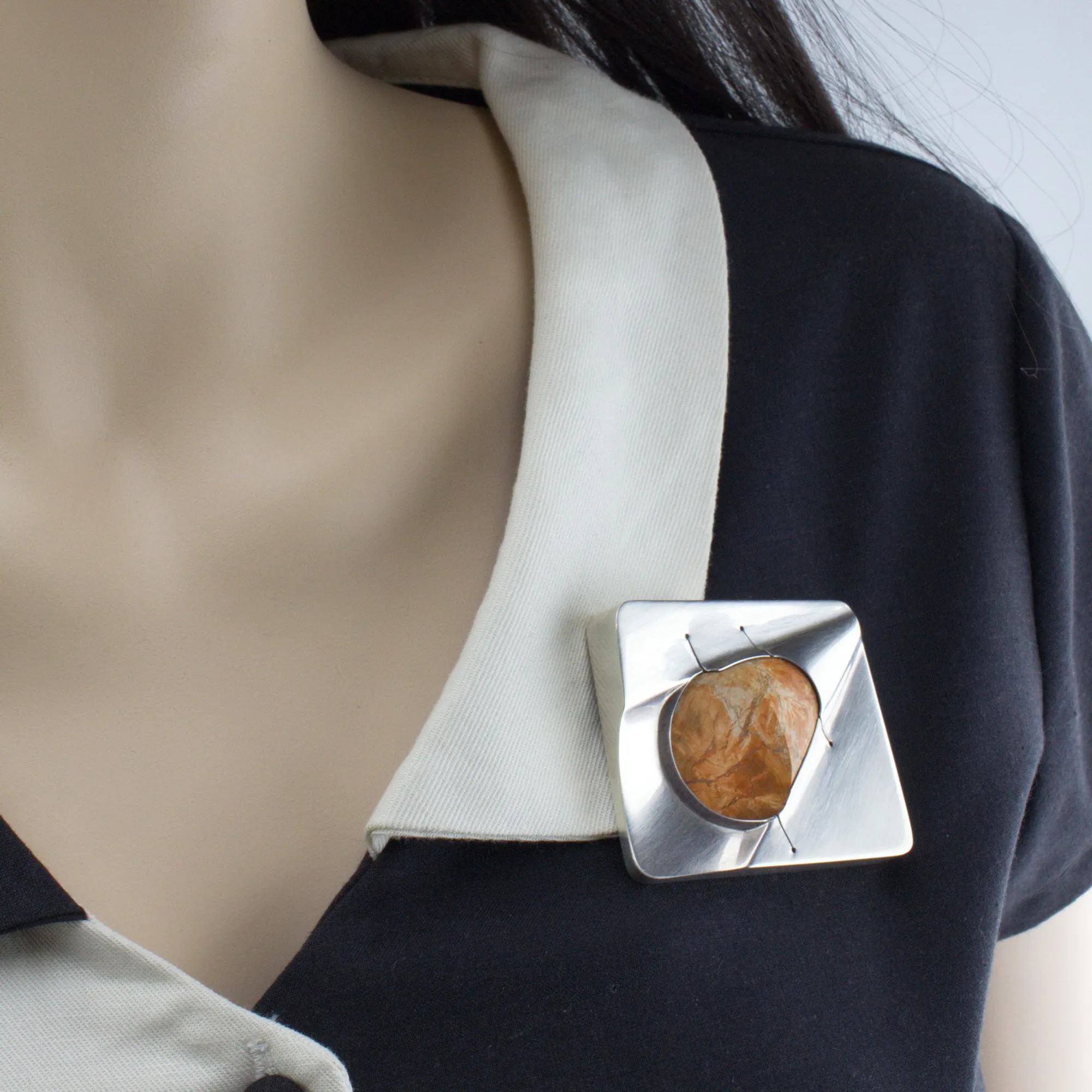 'PERSPECTIVE' handmade sterling silver brooch with fossilized wood