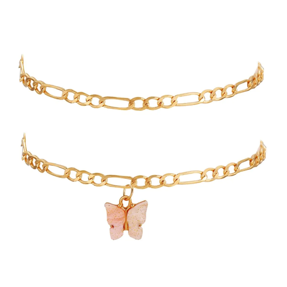 Pink Acrylic & 18K Gold-Plated Butterfly Charm Anklet Set