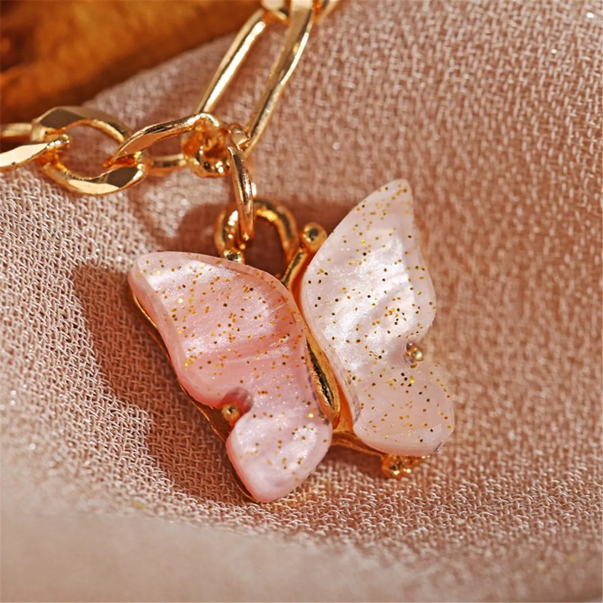 Pink Acrylic & 18K Gold-Plated Butterfly Charm Anklet Set