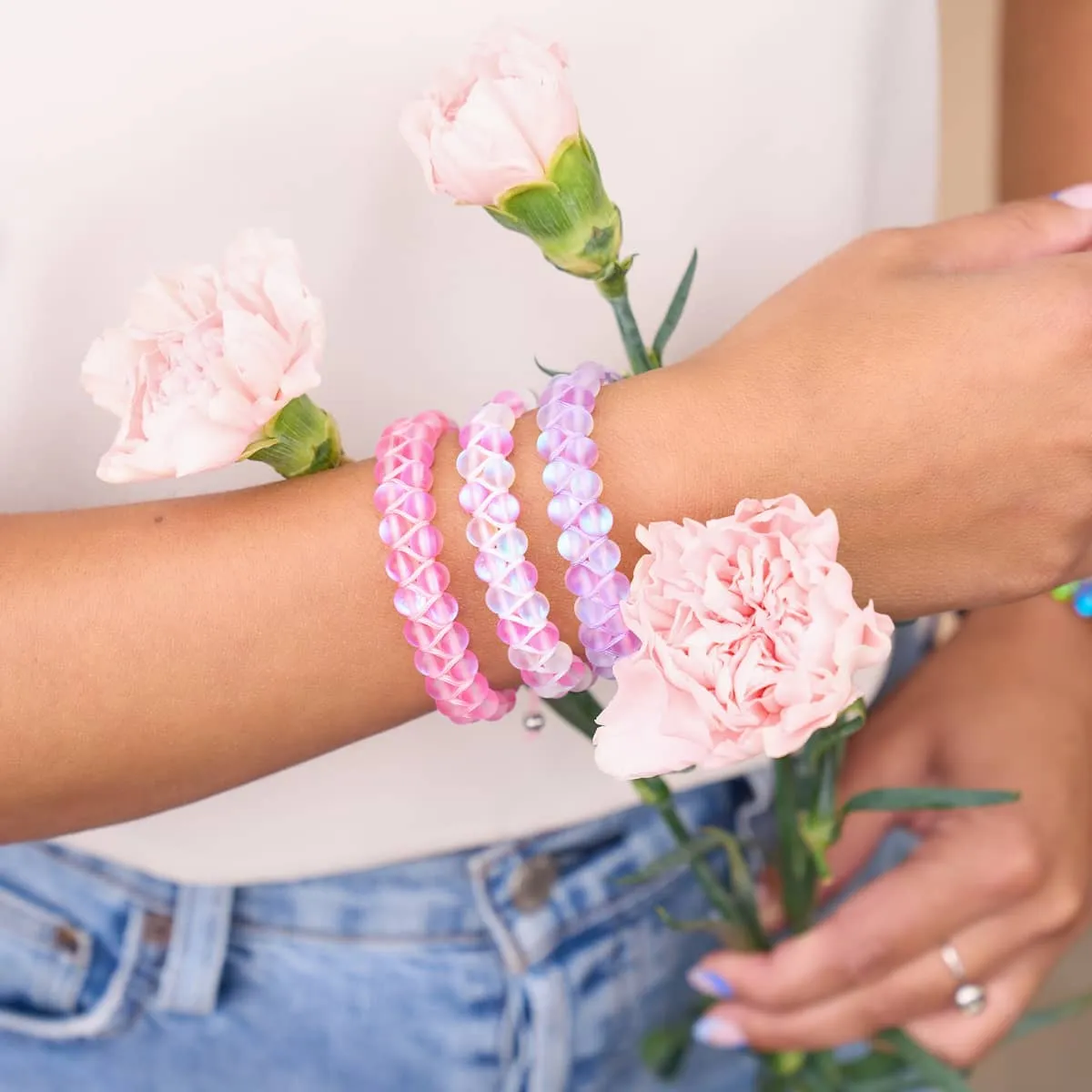 Pink and White | Silver | Double Mermaid Glass Bracelet