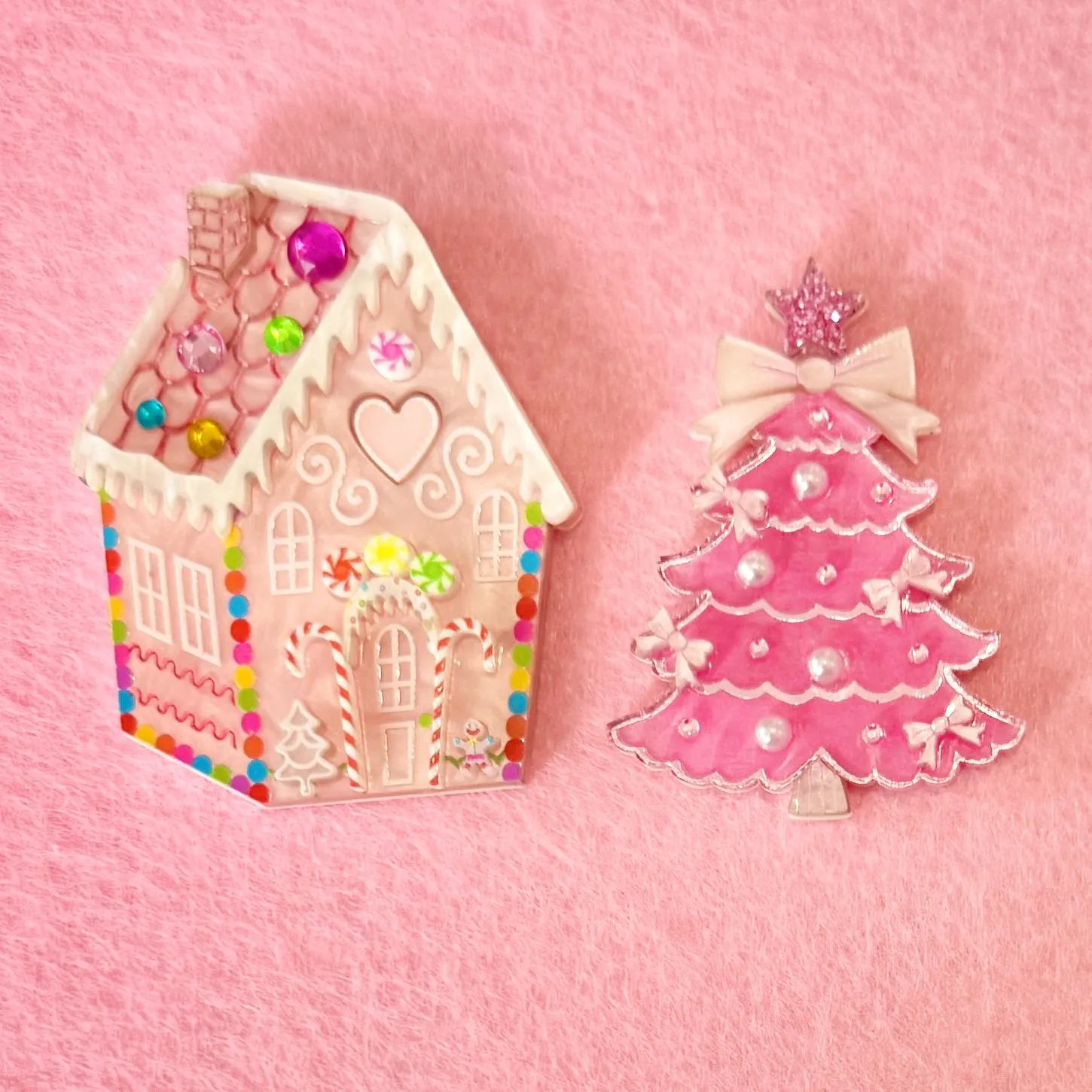 Pink Christmas tree - Brooch - Set of 2