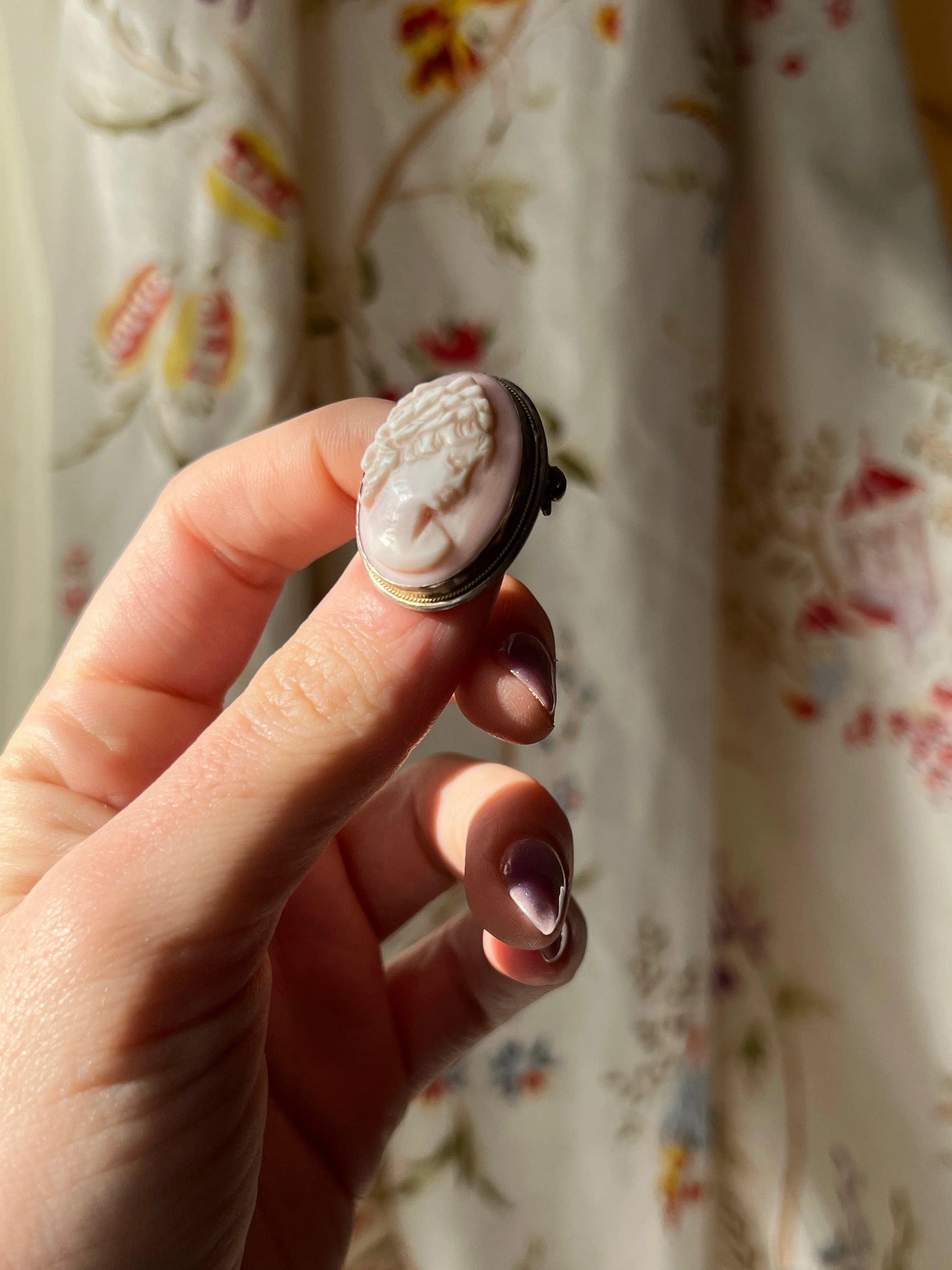 Pink Conch Shell Cameo Brooch Sterling and 14ct