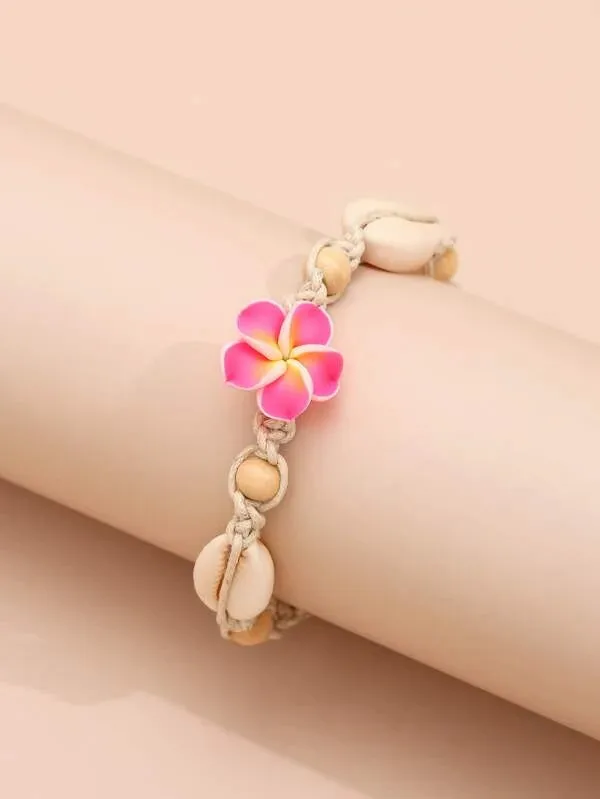 Pink Hibiscus and Shell Anklet