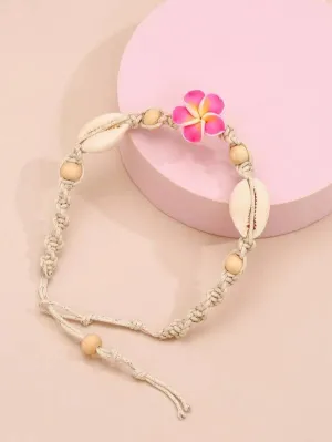 Pink Hibiscus and Shell Anklet