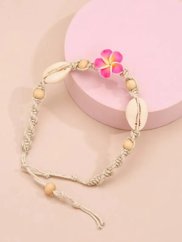 Pink Hibiscus and Shell Anklet