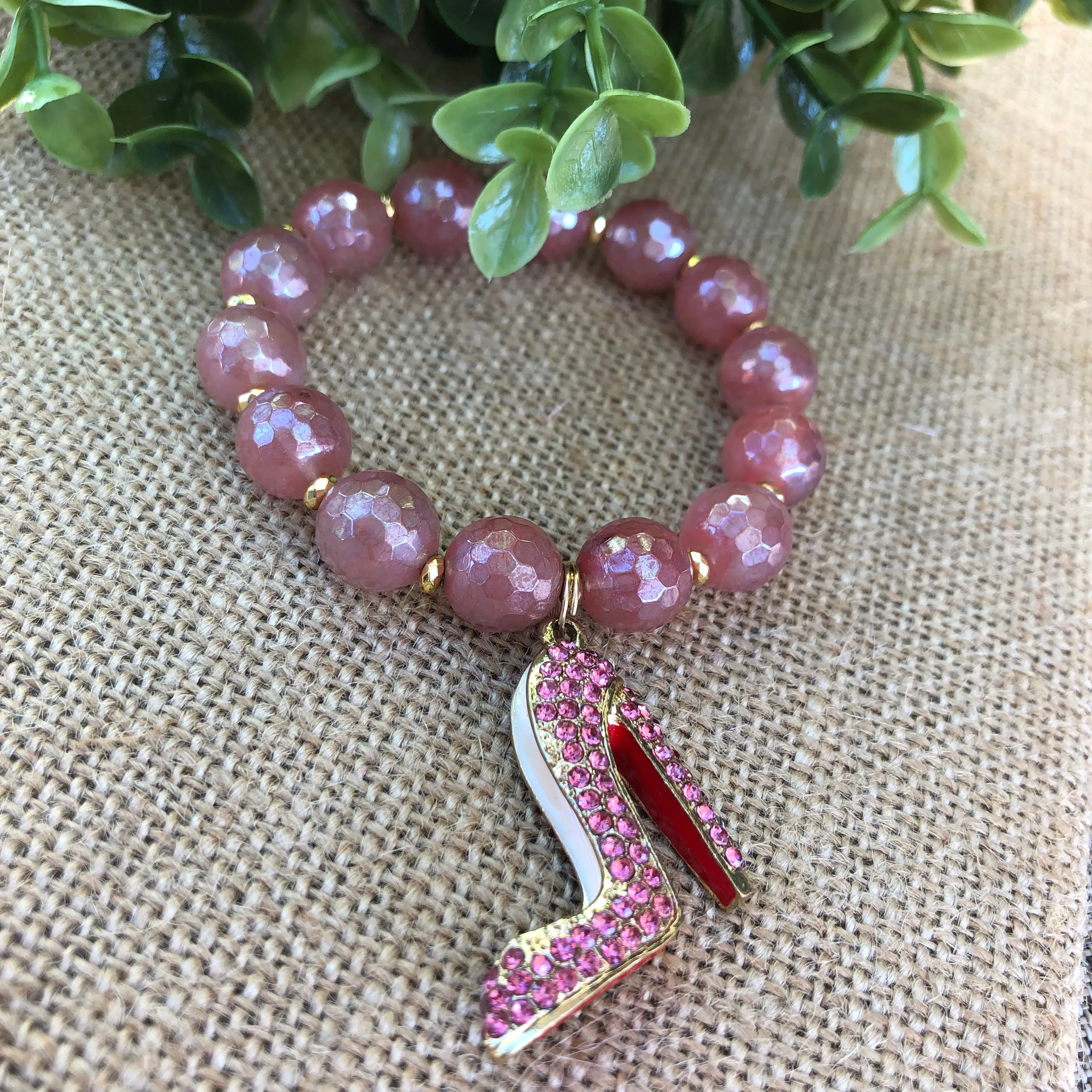 Plated Cherry Quartz Bracelet with Rhinestone Red Bottom Charm Heel- Pinky