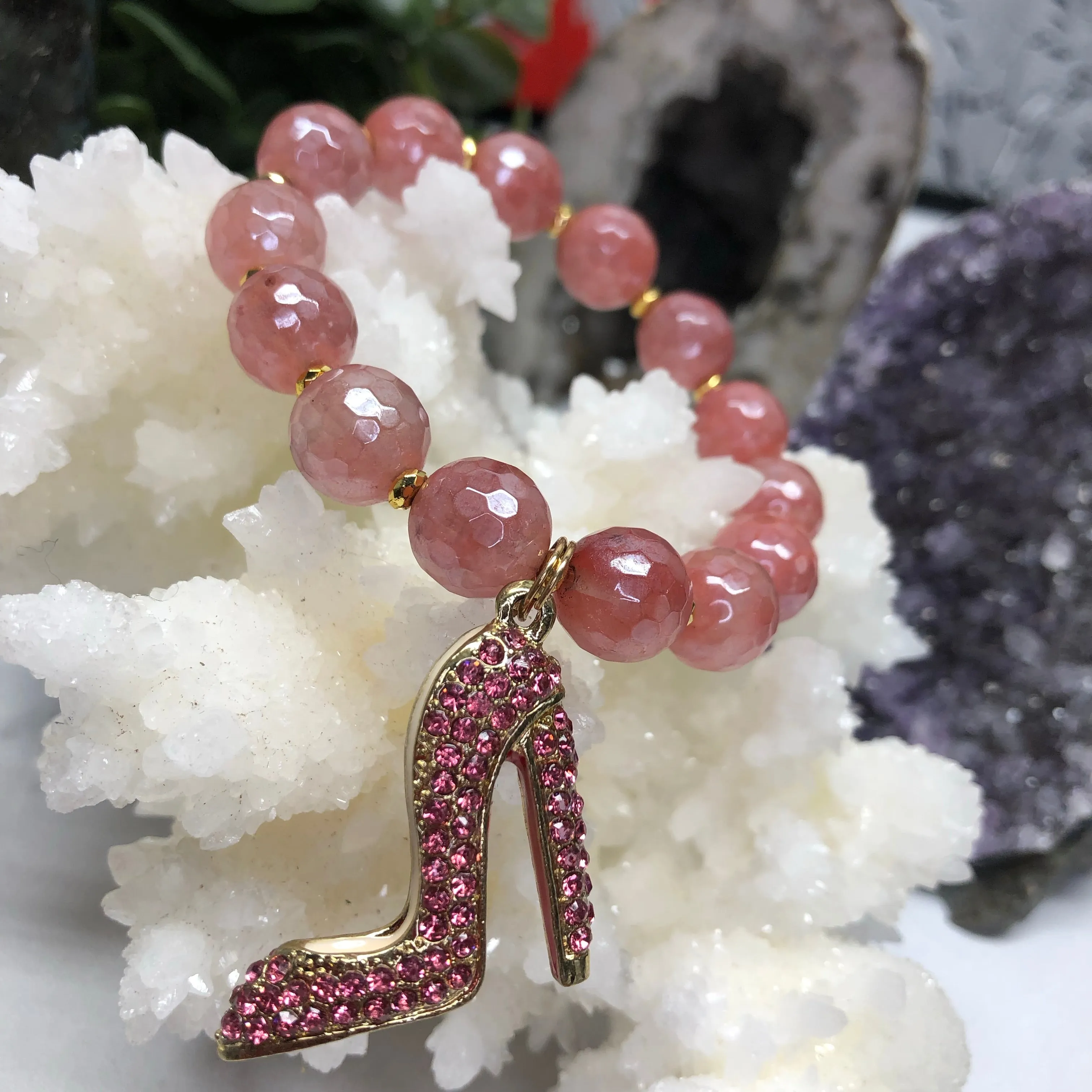 Plated Cherry Quartz Bracelet with Rhinestone Red Bottom Charm Heel- Pinky
