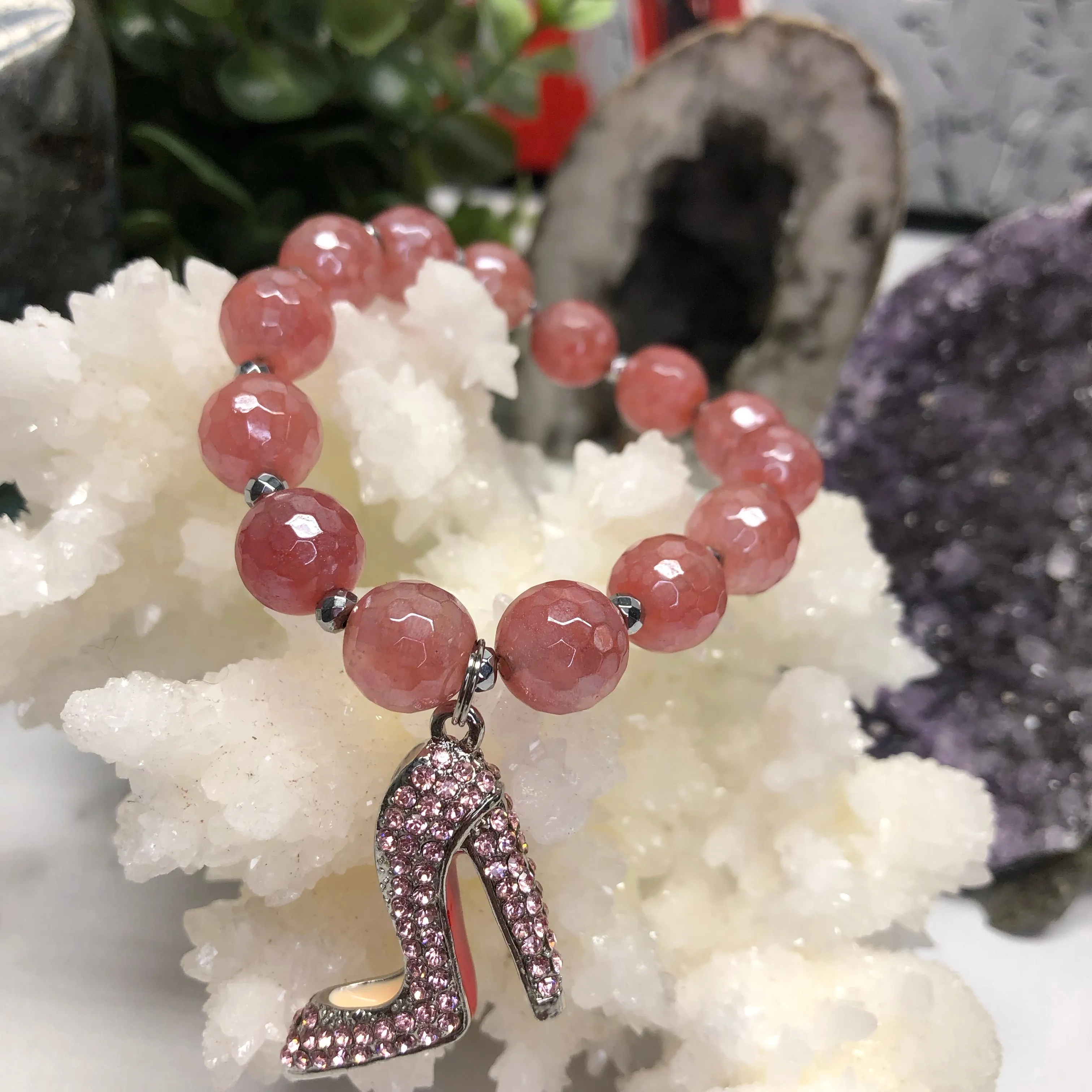 Plated Cherry Quartz Bracelet with Rhinestone Red Bottom Heel Charm- Silver Pinky