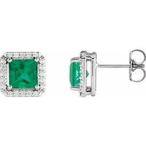 Platinum 5x5 mm Lab-Grown Emerald 1/6 CTW Natural Diamond Halo-Style Earrings