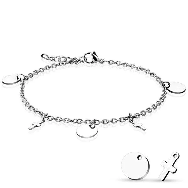Polished Stainless Steel 9"-10" Cross and Circle Charm Anklet