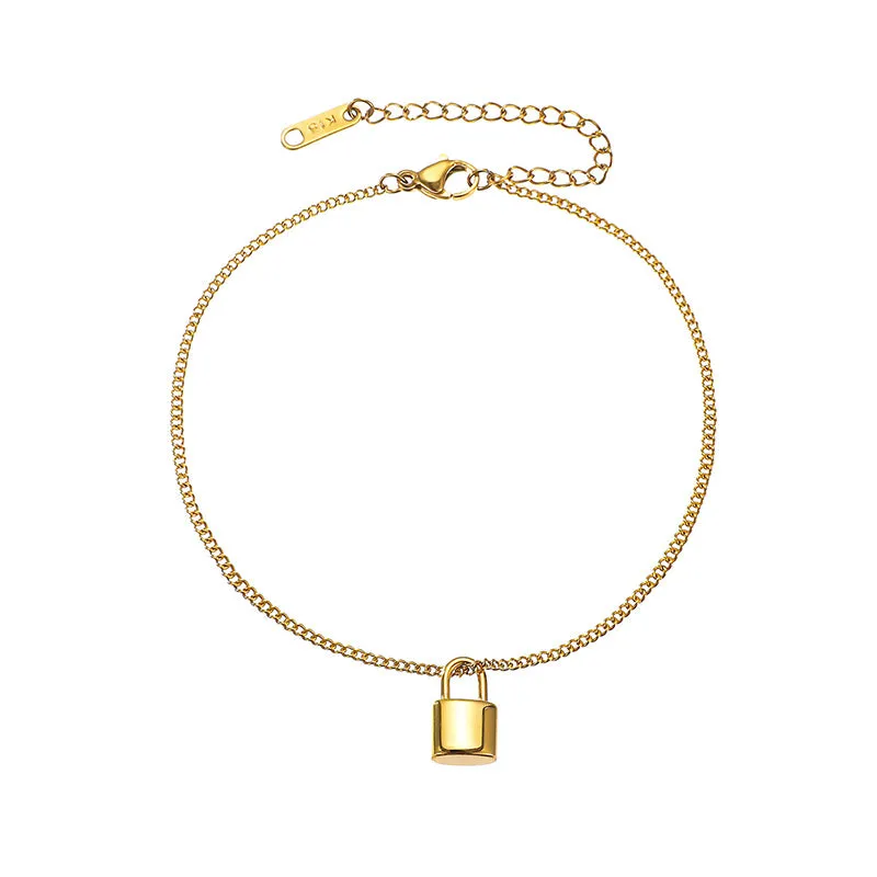 Premium Quality Waterproof 18k Gold Plated Stainless Steel Lock Charm Anklet