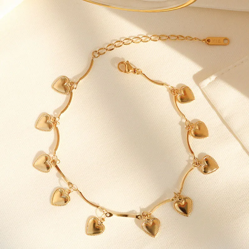 Premium Quality Waterproof 18k Gold Plated Stainless Steel Small Multiple Heart Charm Anklet