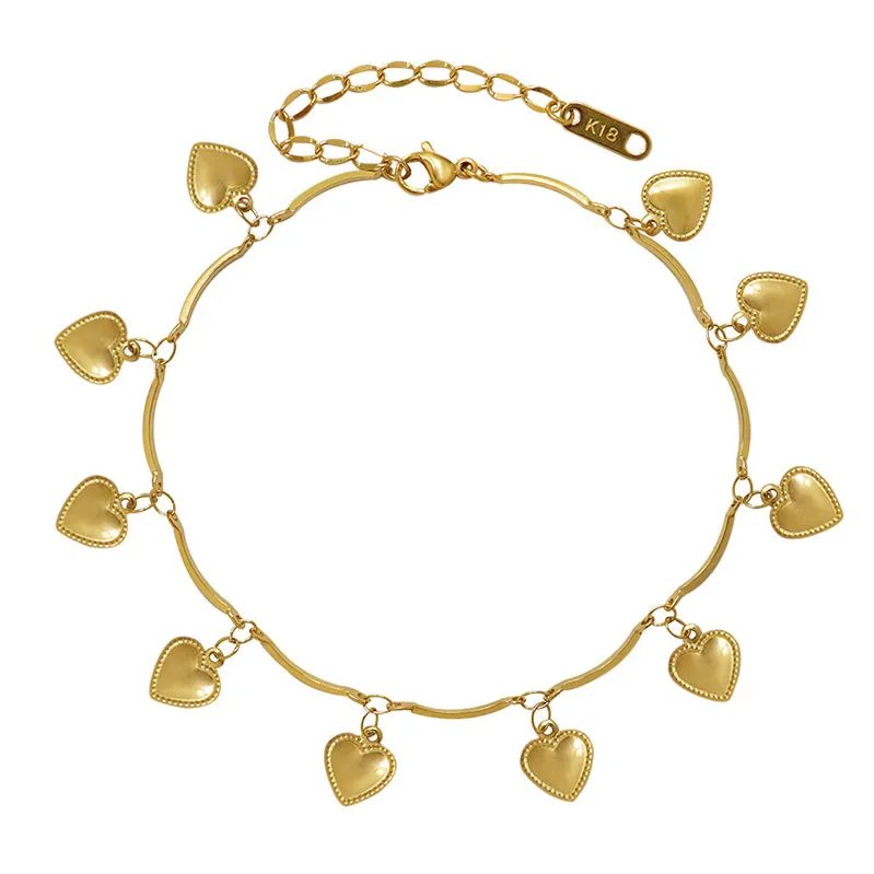 Premium Quality Waterproof 18k Gold Plated Stainless Steel Small Multiple Heart Charm Anklet