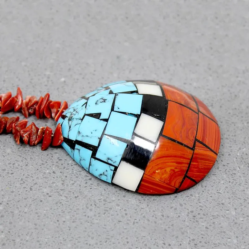 Pueblo Inlay Shell Pendant on Shell Tab Necklace