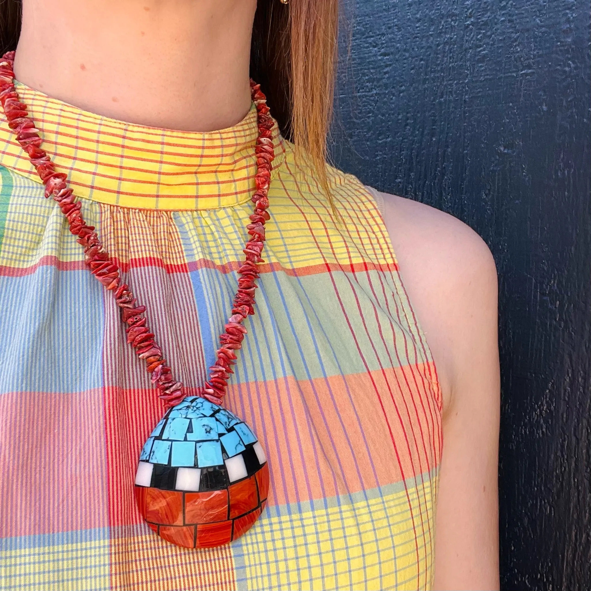 Pueblo Inlay Shell Pendant on Shell Tab Necklace