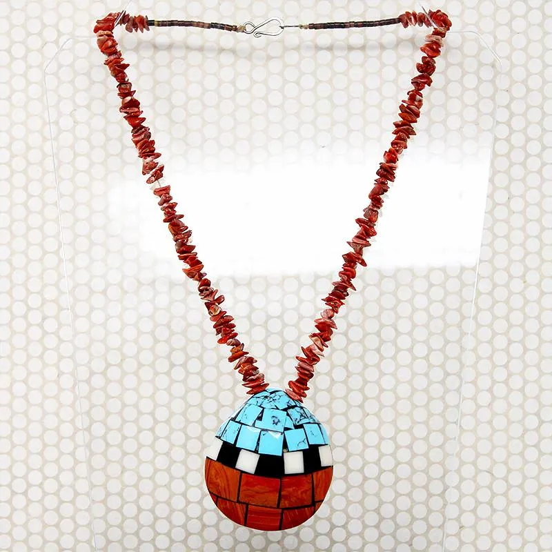 Pueblo Inlay Shell Pendant on Shell Tab Necklace