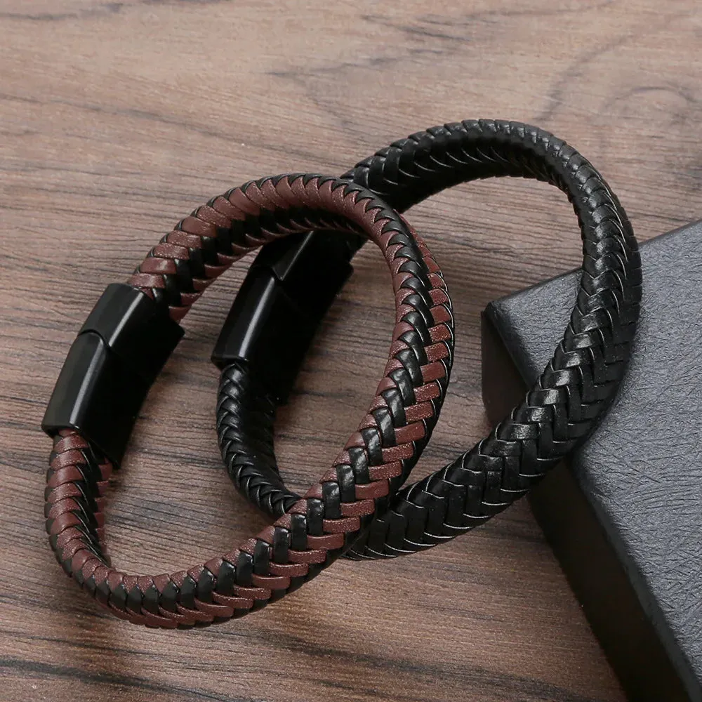 Punk Men Leather Braided Bracelet Hand-Woven Classic Stainless Steel Magnetic Clasp Leather Bangle