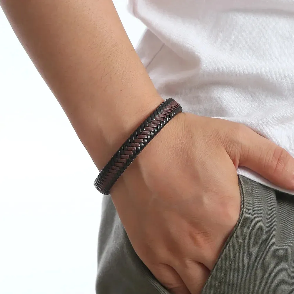 Punk Men Leather Braided Bracelet Hand-Woven Classic Stainless Steel Magnetic Clasp Leather Bangle