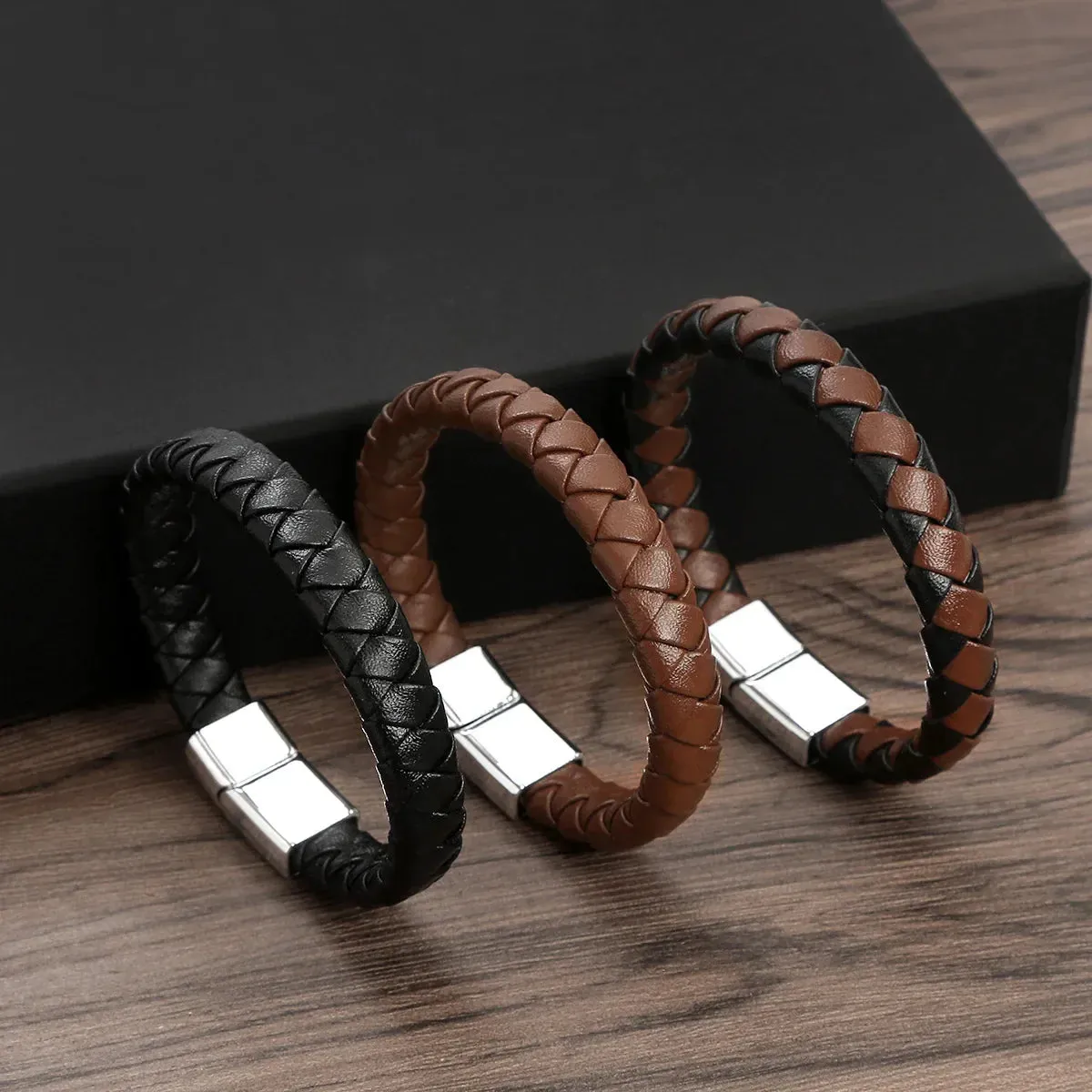 Punk Men Leather Braided Bracelet Hand-Woven Classic Stainless Steel Magnetic Clasp Leather Bangle
