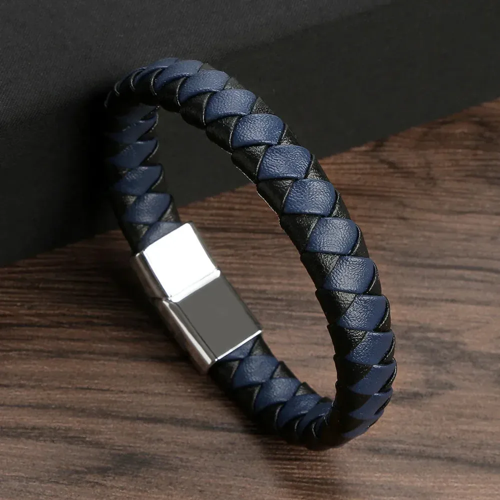 Punk Men Leather Braided Bracelet Hand-Woven Classic Stainless Steel Magnetic Clasp Leather Bangle