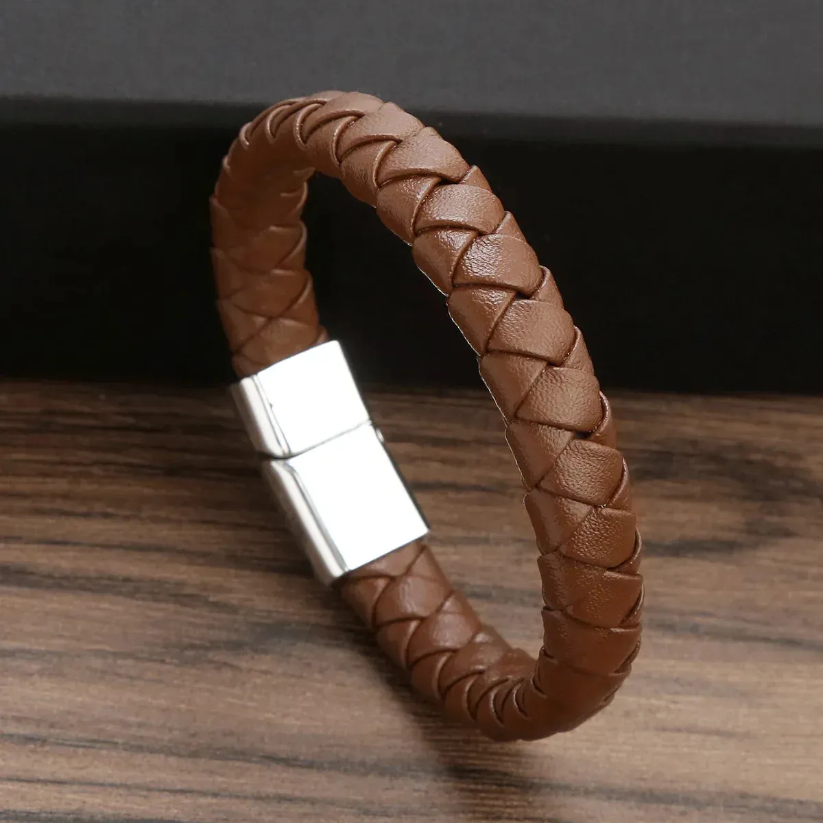 Punk Men Leather Braided Bracelet Hand-Woven Classic Stainless Steel Magnetic Clasp Leather Bangle