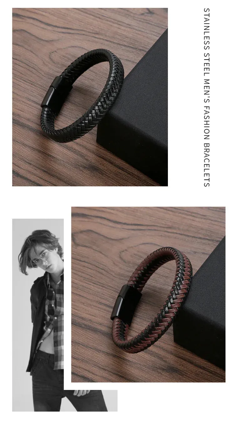 Punk Men Leather Braided Bracelet Hand-Woven Classic Stainless Steel Magnetic Clasp Leather Bangle