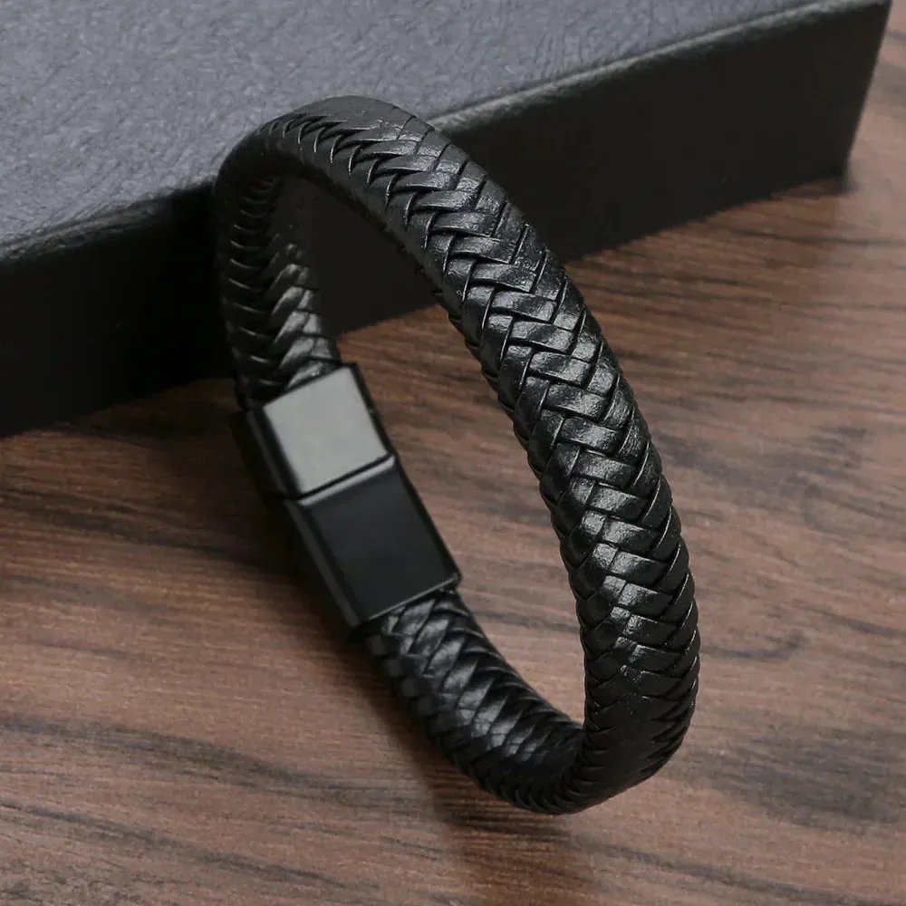 Punk Men Leather Braided Bracelet Hand-Woven Classic Stainless Steel Magnetic Clasp Leather Bangle