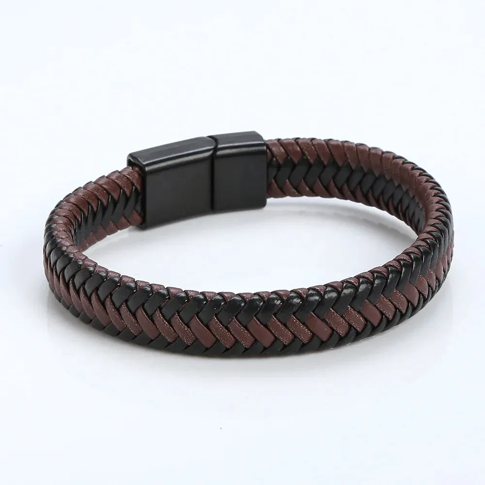 Punk Men Leather Braided Bracelet Hand-Woven Classic Stainless Steel Magnetic Clasp Leather Bangle