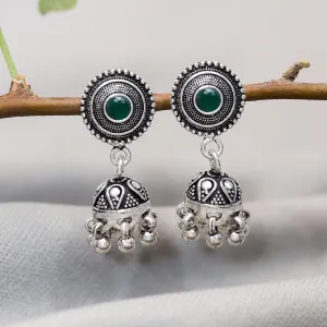 Pure Silver Earrings - Oxidised Filigree Jhumka Accenting Emeralds
