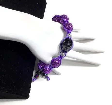 Purple shamballa beads, black skull bead, The halloween purple bracelet, macrame wrap, Halloween, purple nylon cord,