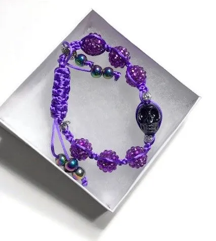 Purple shamballa beads, black skull bead, The halloween purple bracelet, macrame wrap, Halloween, purple nylon cord,