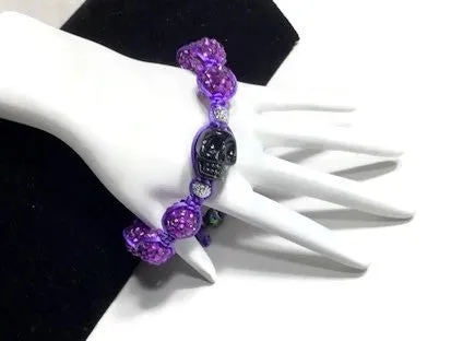 Purple shamballa beads, black skull bead, The halloween purple bracelet, macrame wrap, Halloween, purple nylon cord,