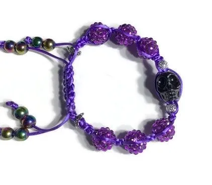 Purple shamballa beads, black skull bead, The halloween purple bracelet, macrame wrap, Halloween, purple nylon cord,