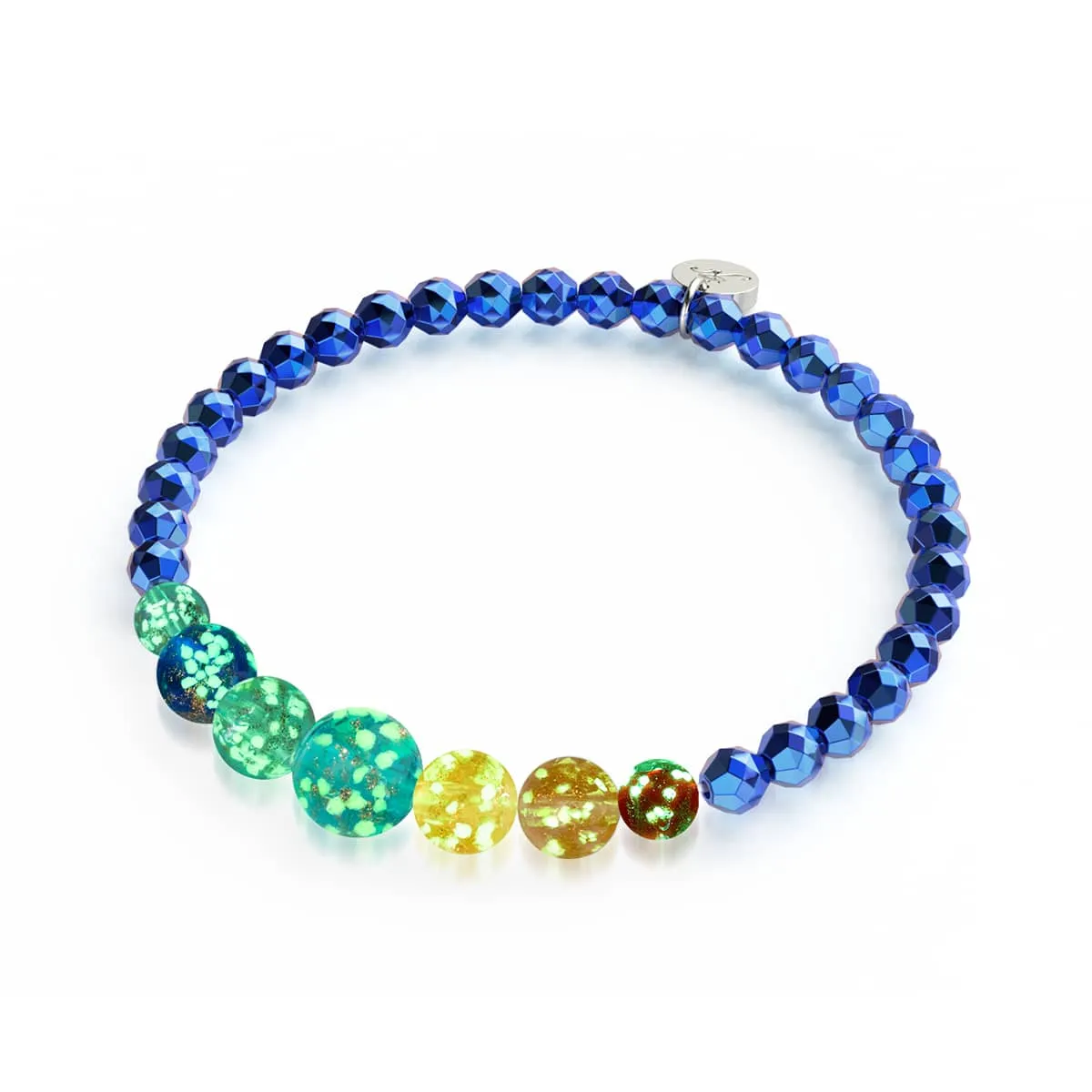 Rainbow River | Blue Hematite | Solid Firefly Glass Chakra Bracelet