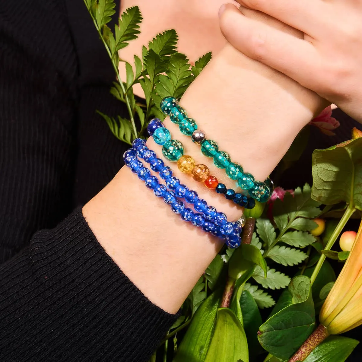 Rainbow River | Blue Hematite | Solid Firefly Glass Chakra Bracelet
