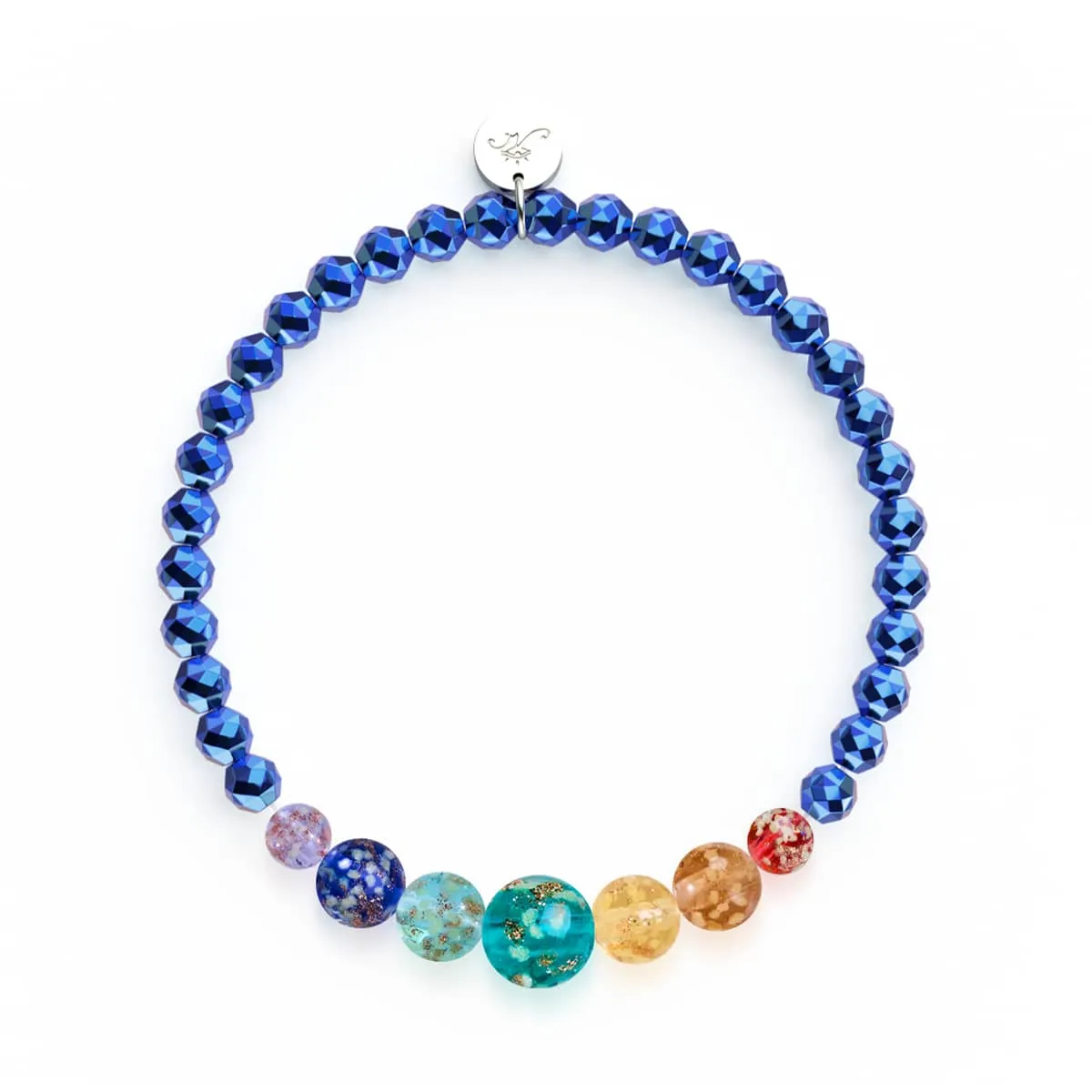 Rainbow River | Blue Hematite | Solid Firefly Glass Chakra Bracelet