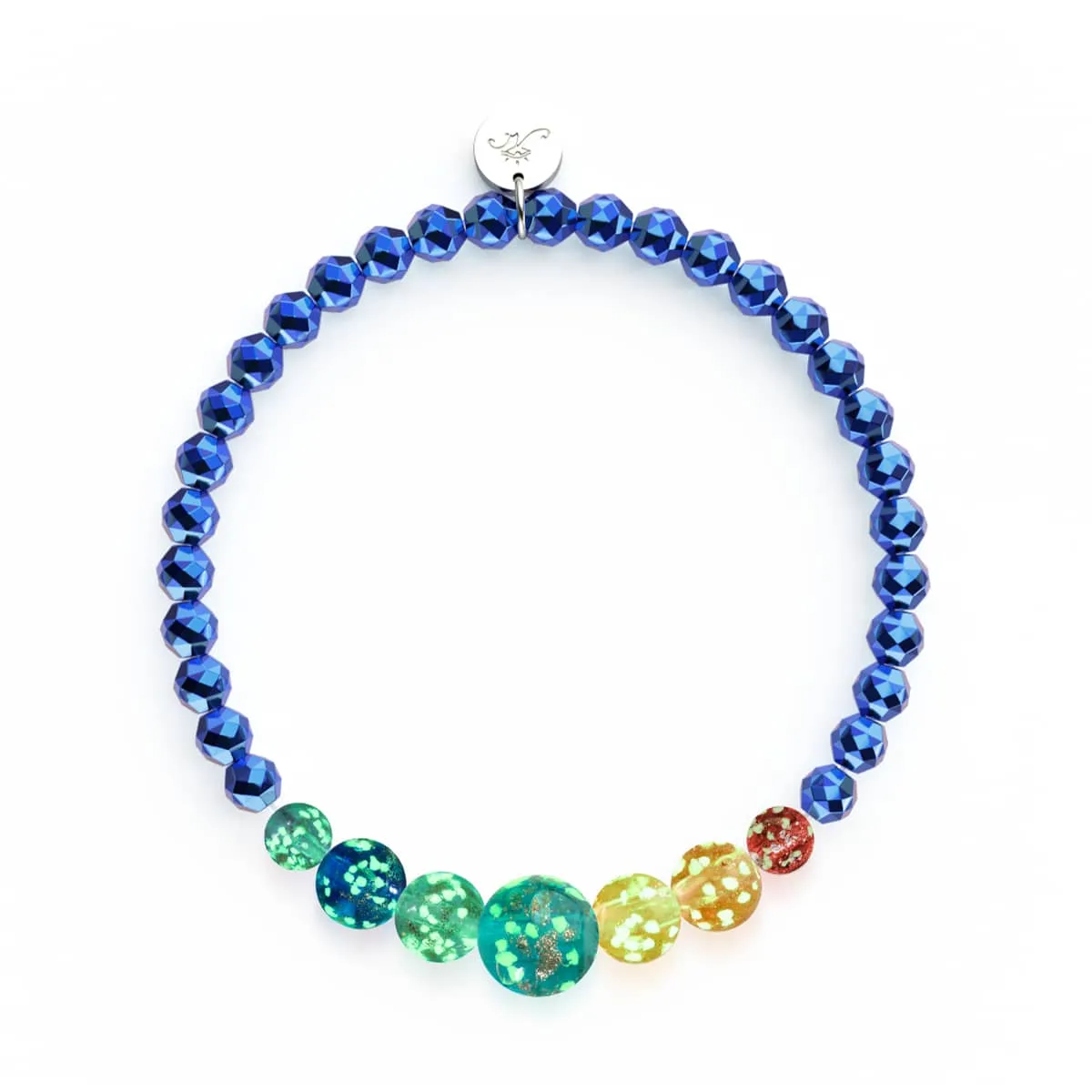 Rainbow River | Blue Hematite | Solid Firefly Glass Chakra Bracelet