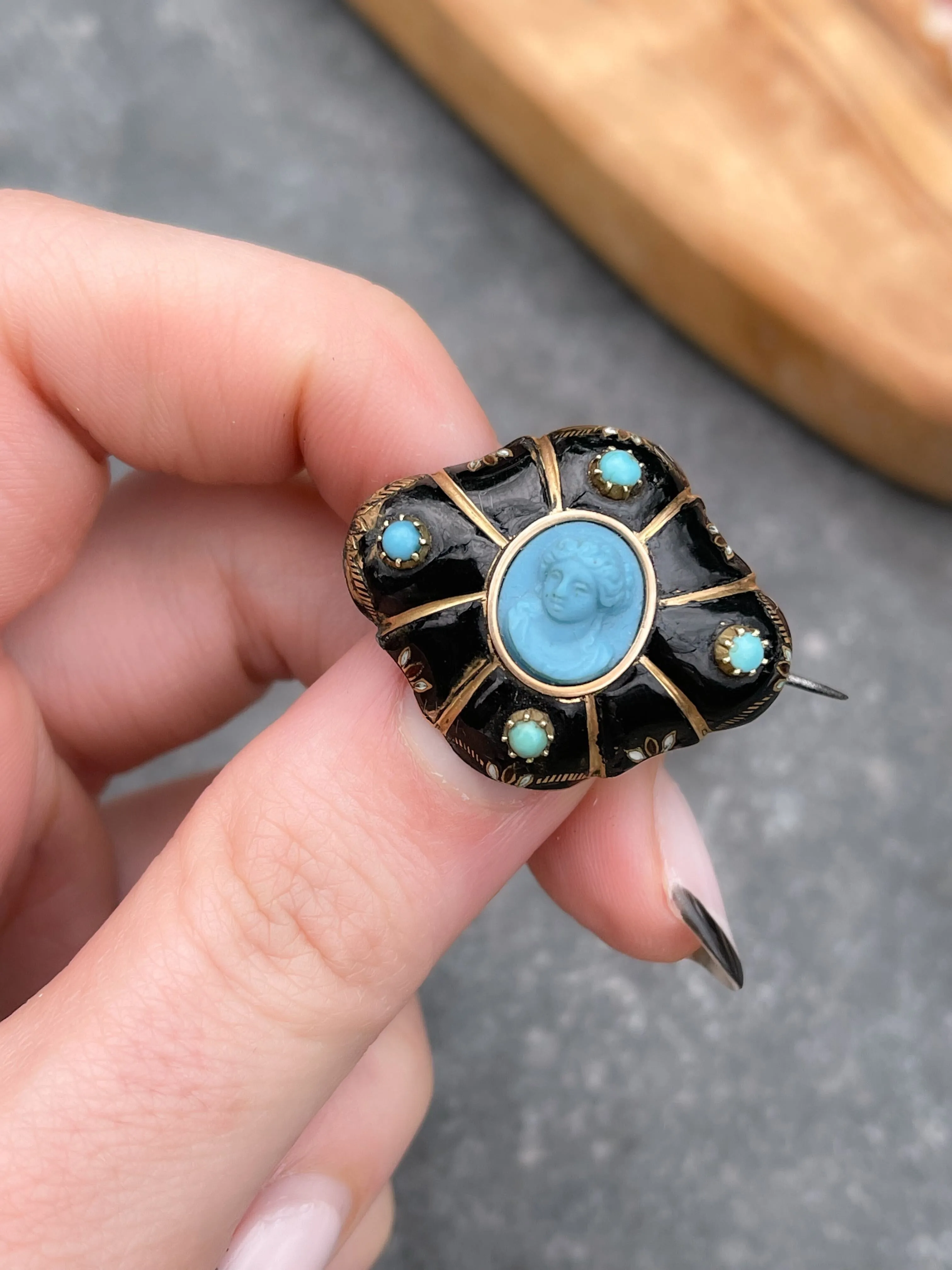 Rare 15k Pate-De-Verre Black, White, Red Enamel Brooch with Turquoise Center