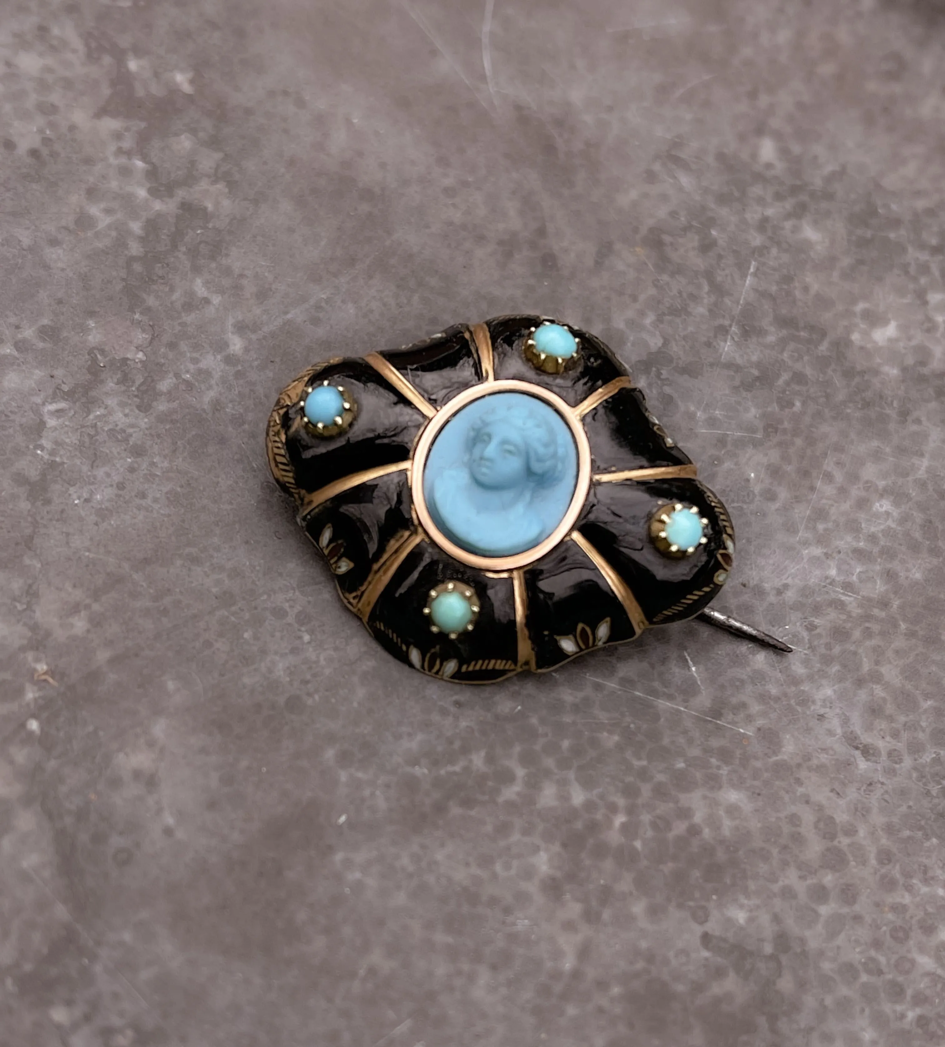 Rare 15k Pate-De-Verre Black, White, Red Enamel Brooch with Turquoise Center