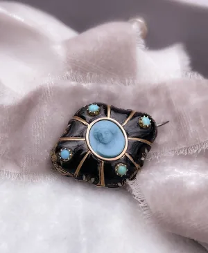 Rare 15k Pate-De-Verre Black, White, Red Enamel Brooch with Turquoise Center