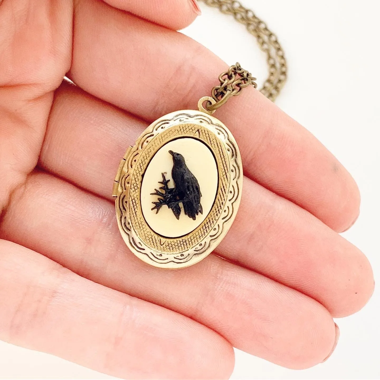 Raven Cameo Locket Necklace in Bronze