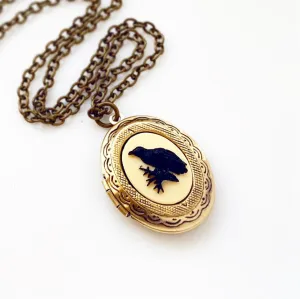 Raven Cameo Locket Necklace in Bronze