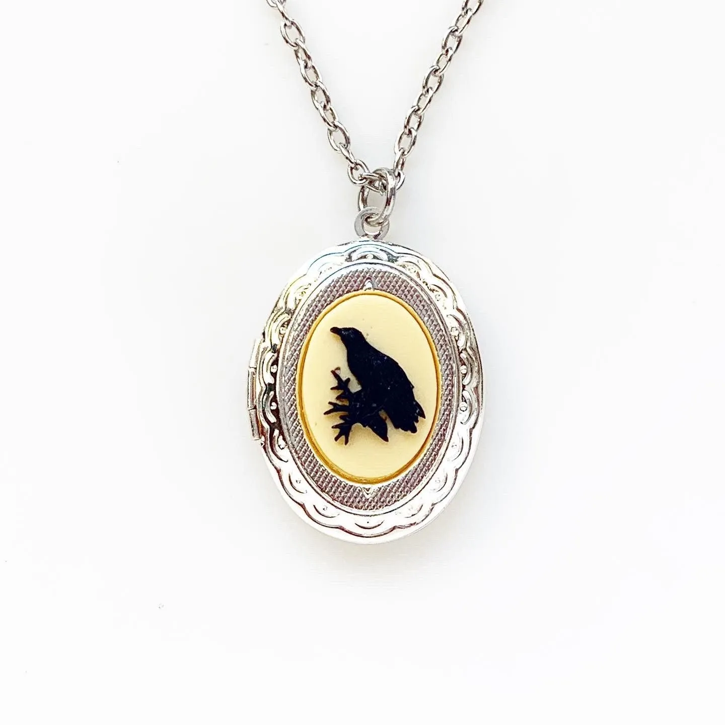 Raven Cameo Locket Necklace in Silver