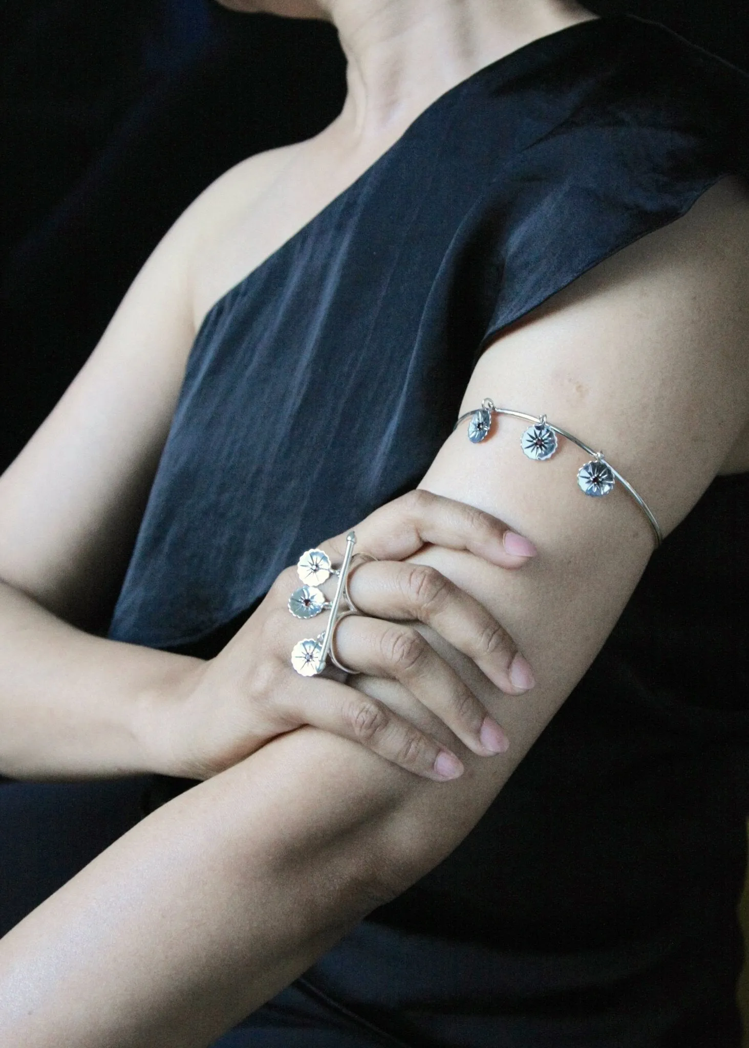 Ravishing, bangle anklet with 3 dangling floral units- can also be worn as an arm band