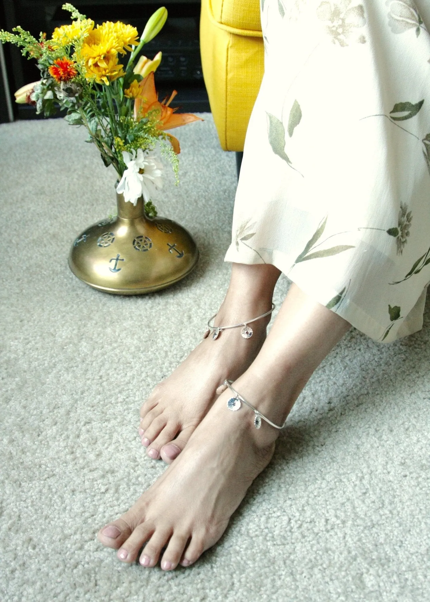 Ravishing, bangle anklet with 3 dangling floral units- can also be worn as an arm band