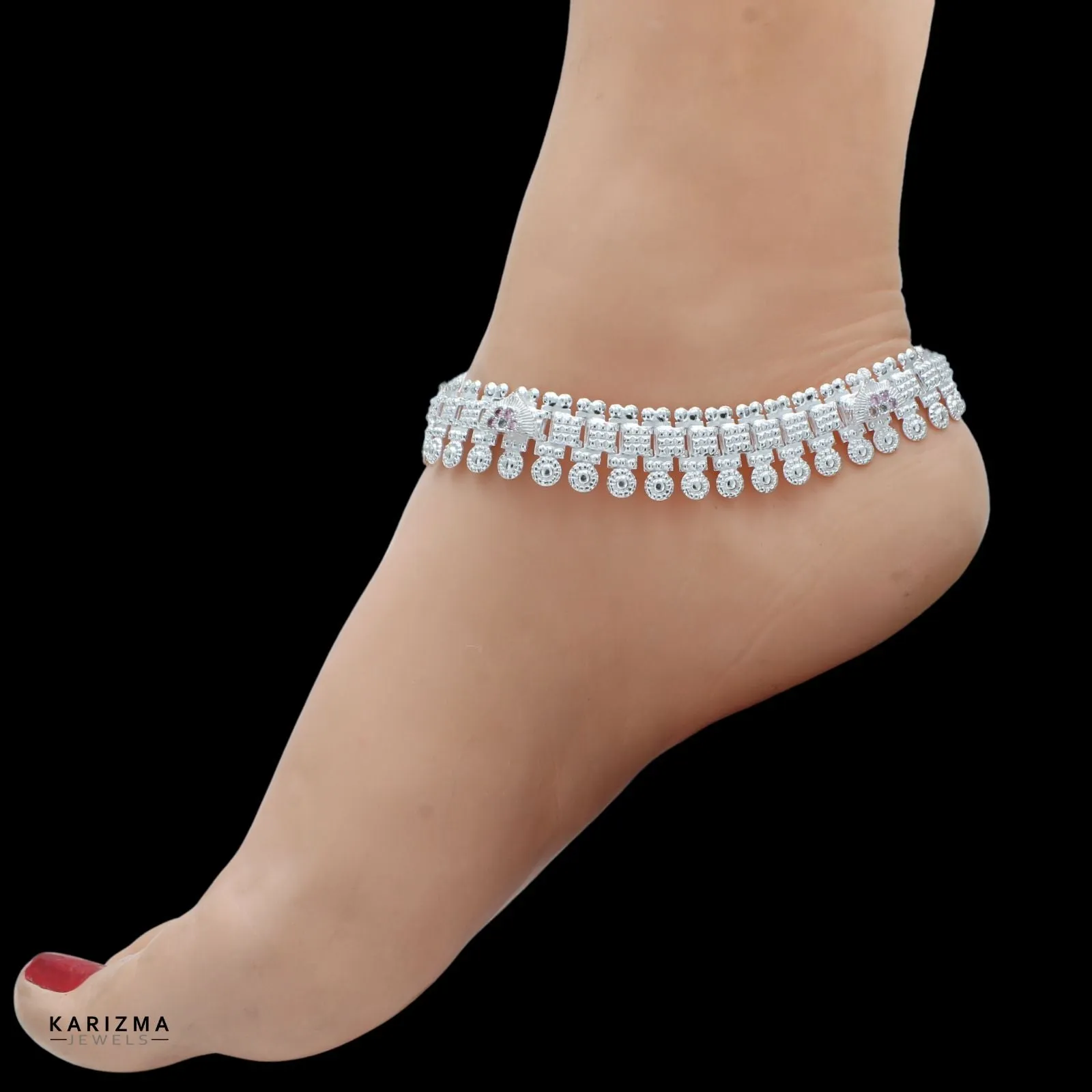 Real Silver Indian women pretty gifts pink white CZ Anklets Ankle Pair 10.3"